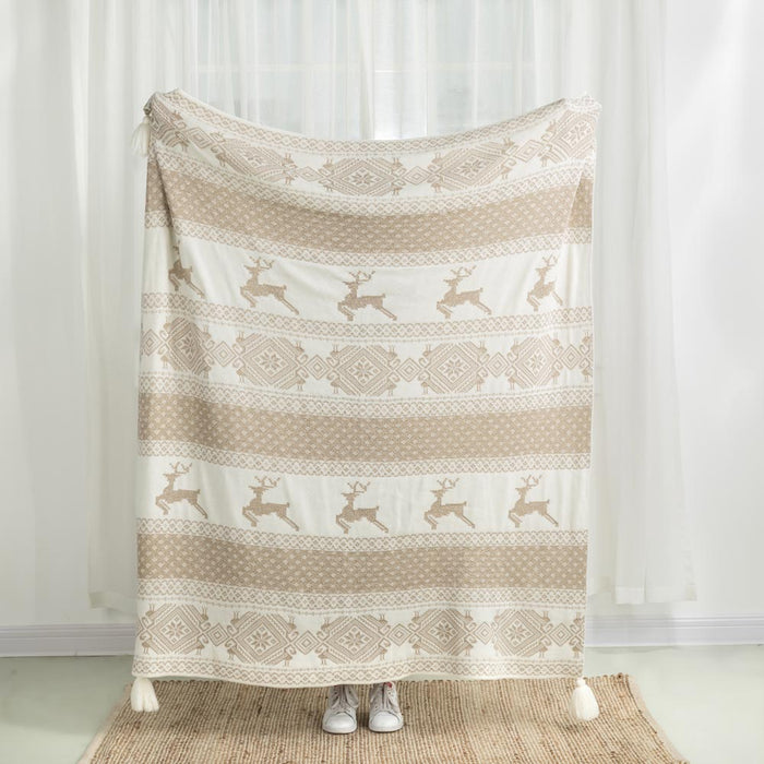 50"L*60"W Knitted Acrylic Beige Throw Blanket w/Tassels