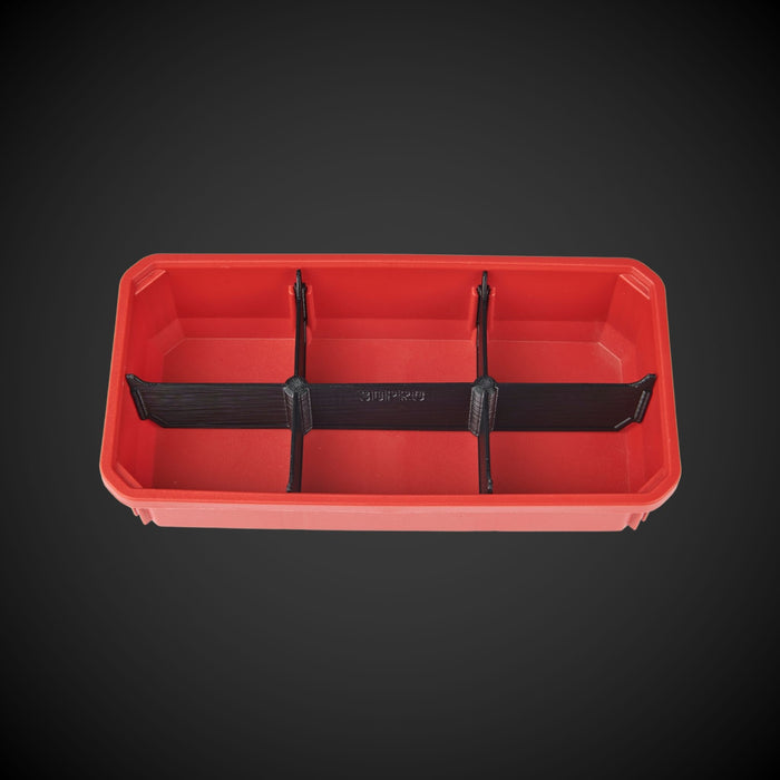 A black 6-way low double bin divider designed for organizing tools in a Milwaukee Packout low organizer.