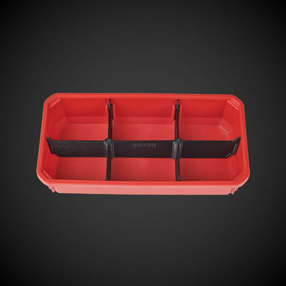 A black 6-way low double bin divider designed for organizing tools in a Milwaukee Packout low organizer.