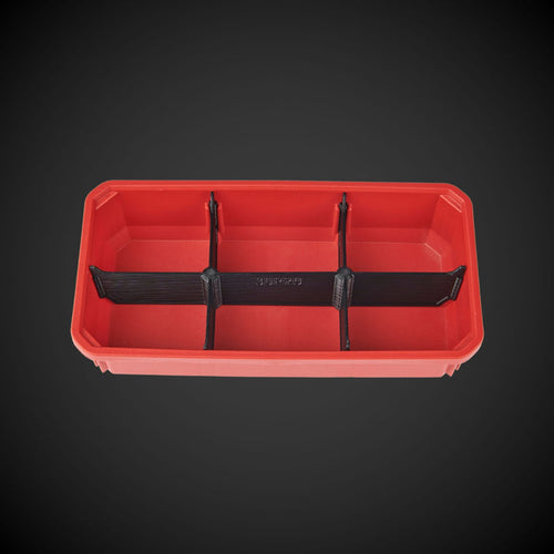 A black 6-way low double bin divider designed for organizing tools in a Milwaukee Packout low organizer.