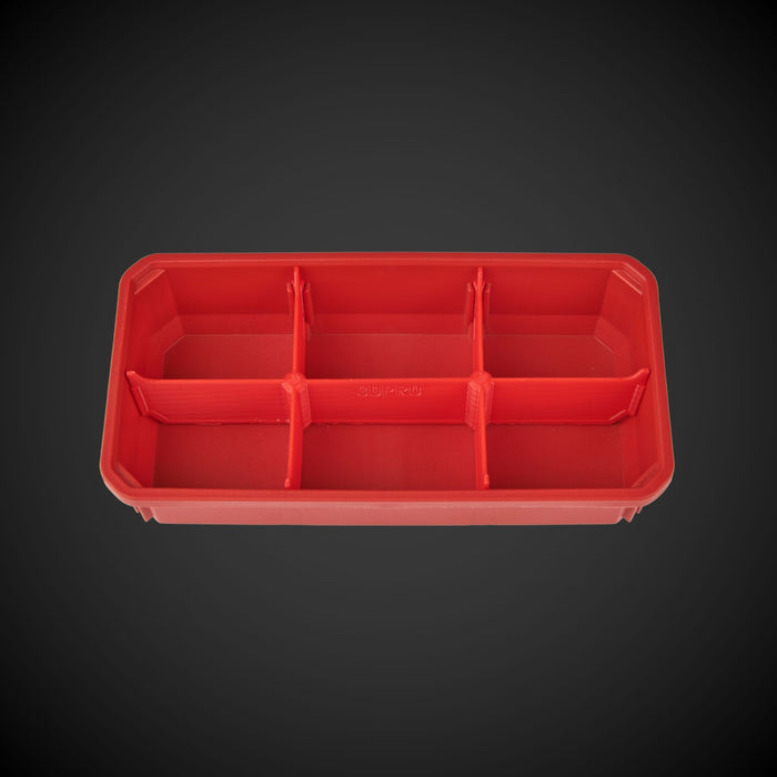 A red 6-way low double bin divider designed for organizing tools in a Milwaukee Packout low organizer.