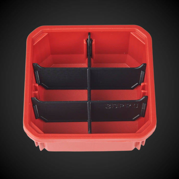 A red Milwaukee low single bin with a black 6-Way Low Single Bin Divider (MP)