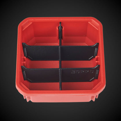 A red Milwaukee low single bin with a black 6-Way Low Single Bin Divider (MP)