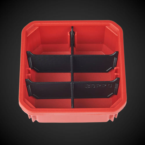 A red Milwaukee low single bin with a black 6-Way Low Single Bin Divider (MP)