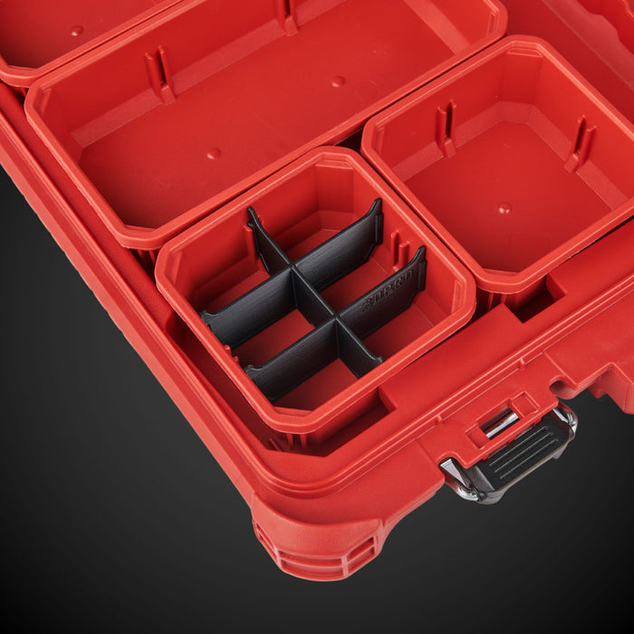 Red tool box with black 6-Way Low Single Bin Divider (MP) on a dark background