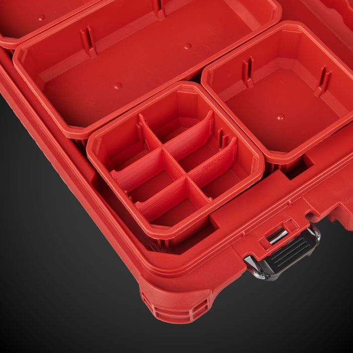 Red Milwaukee tool case with6-Way Low Single Bin Divider (MP) on a dark background