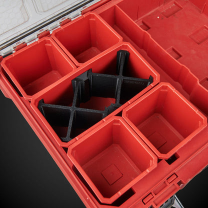 Red Milwaukee tool box with 7-Way Standard Double Bin Divider (MP) on a black background