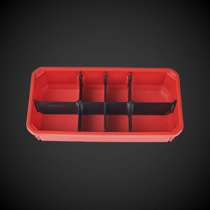 An 8-way low double bin divider in red color with black dividers