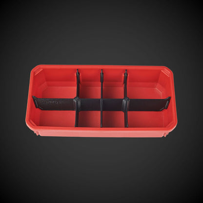 An 8-way low double bin divider in red color with black dividers