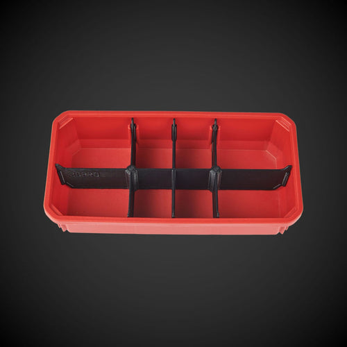 An 8-way low double bin divider in red color with black dividers