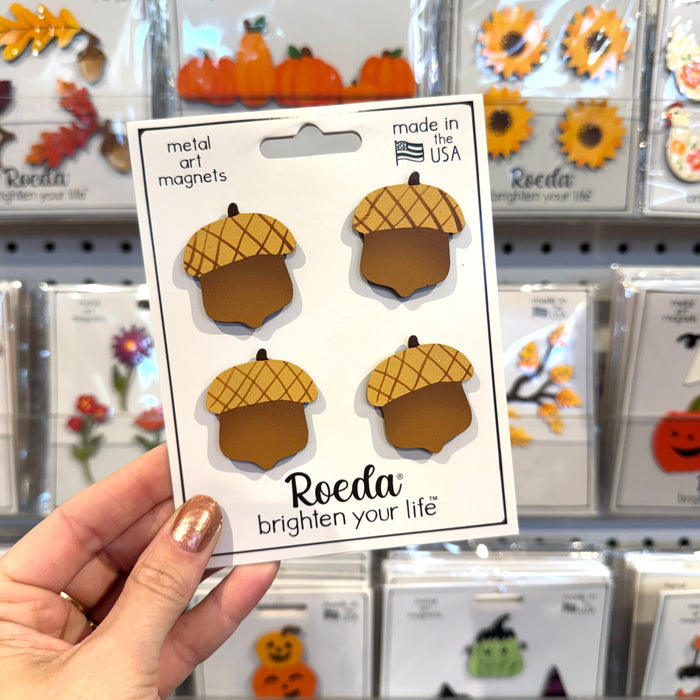 Hand holding a package of acorn-shaped metal art magnets with 'Roeda' branding.