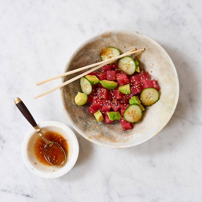 Cucumber and ahi tuna in a bowl
