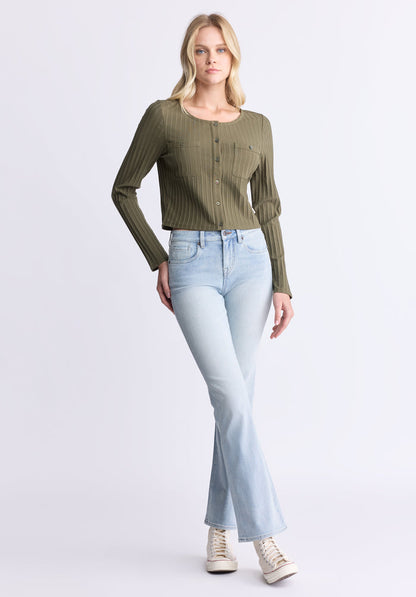 Buffalo Women Tops Green Knit Knit Long Sleeve Button-Up Cropped Length