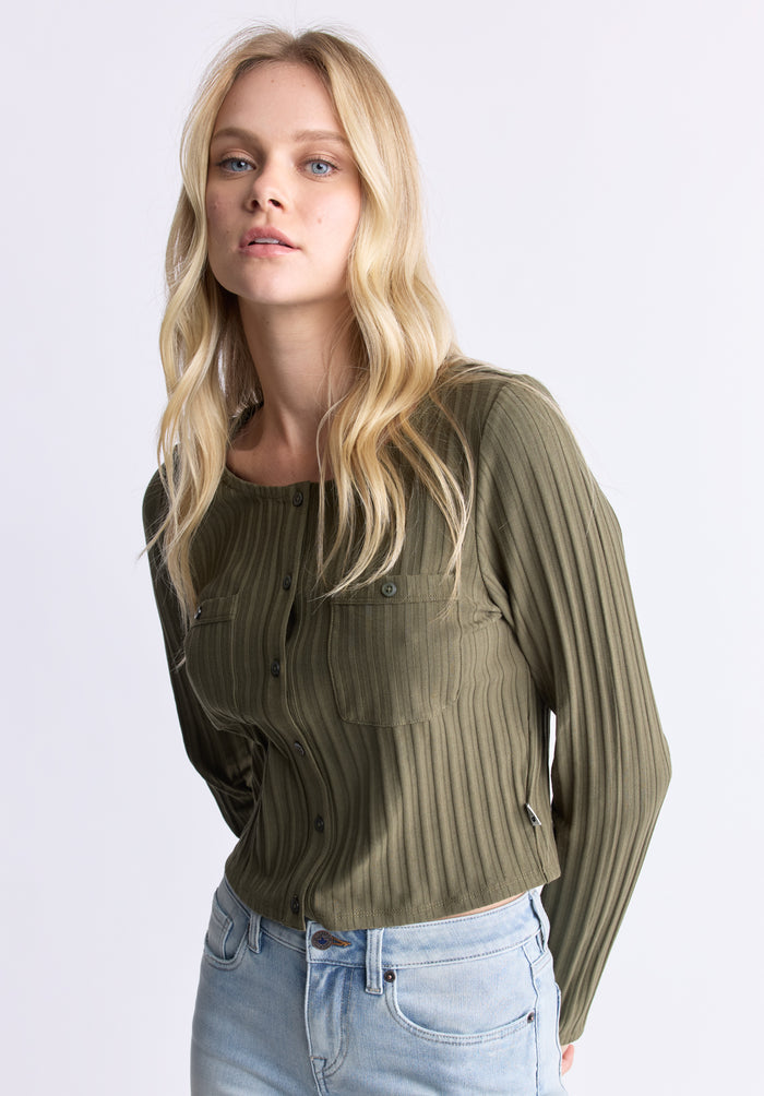 Buffalo Women Tops Green Knit Knit Long Sleeve Button-Up Cropped Length