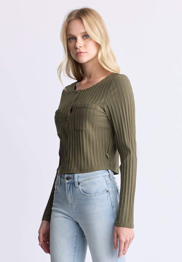 Buffalo Women Tops Green Knit Knit Long Sleeve Button-Up Cropped Length
