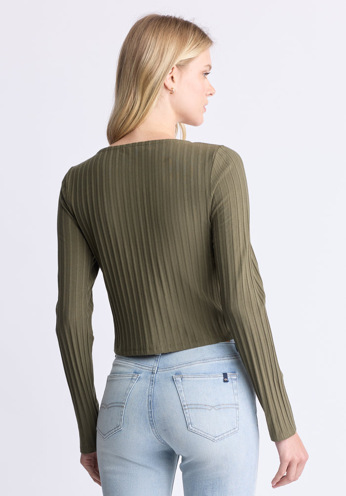 Buffalo Women Tops Green Knit Knit Long Sleeve Button-Up Cropped Length