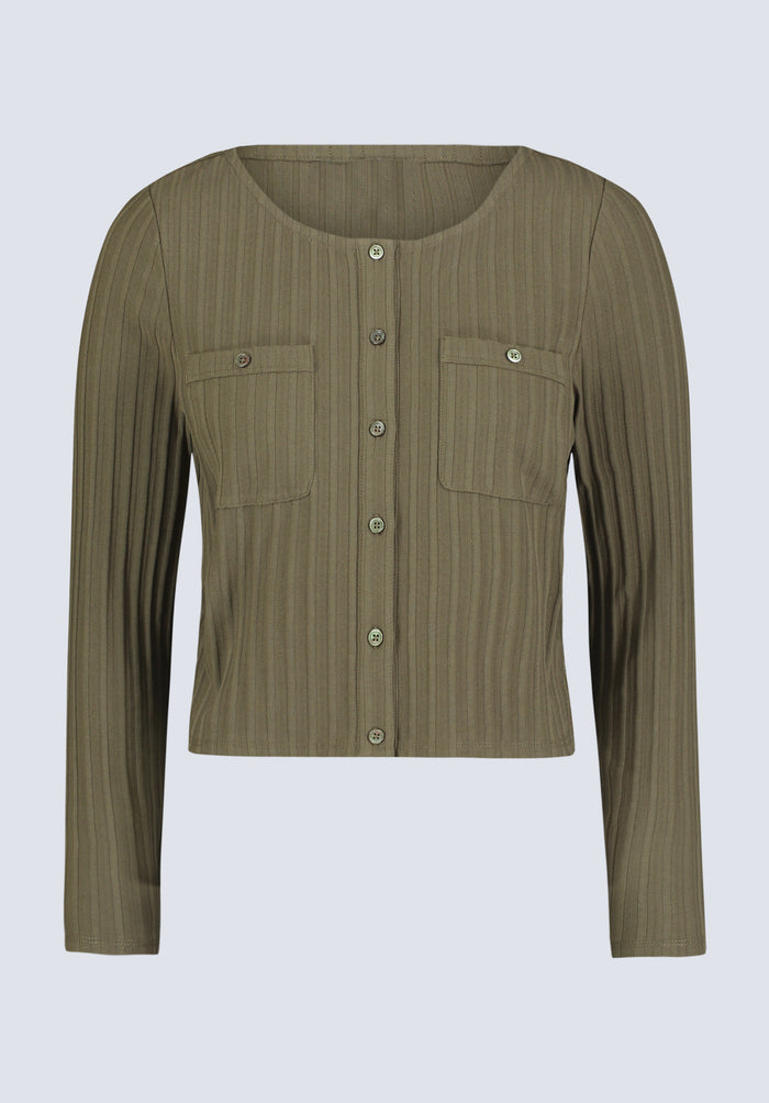 Buffalo Women Tops Green Knit Knit Long Sleeve Button-Up Cropped Length