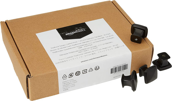 AmazonBasics Traditional Square Cabinet Knob 1.25in Diameter Flat Black 25Pack