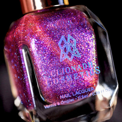 Close-up angled shot of Amorem Nail Lacquer bottle on a black background.