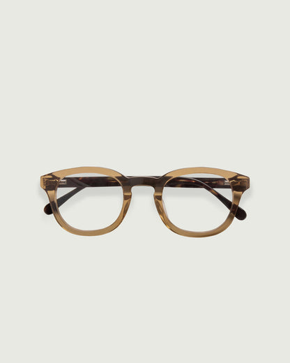 Saddle Tort::Atticus Eyeglasses round brown acetate top