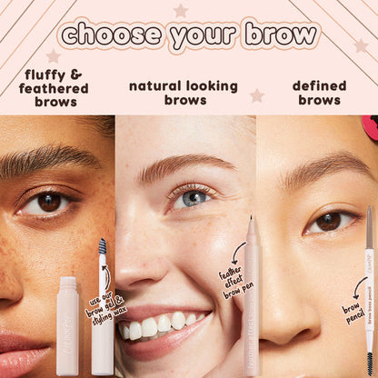 ColourPop Bangin' Brunette Brow Pencil defining a clean, sculpted brow on a model; slim white dual-ended pencil with micro tip and spoolie shown in a choose-your-brow layout comparing fluffy, natural, and defined brow looks.