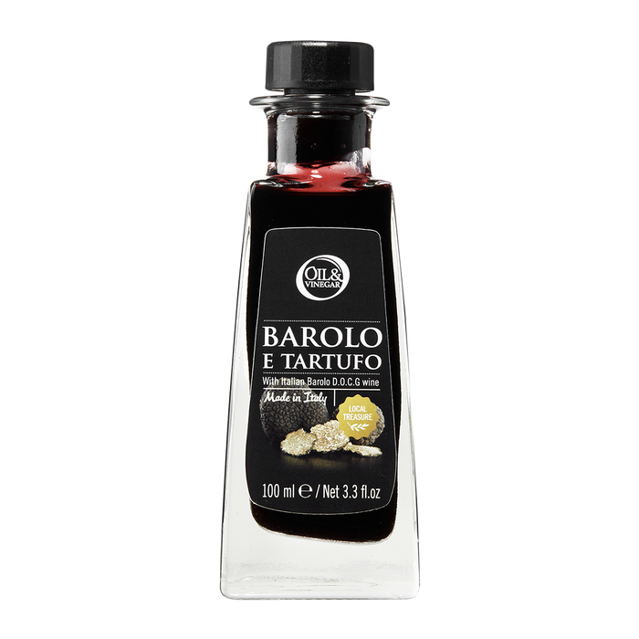 A bottle of Barolo e Tartufo vinegar with a label showing the brand, product name, and an image of truffles.