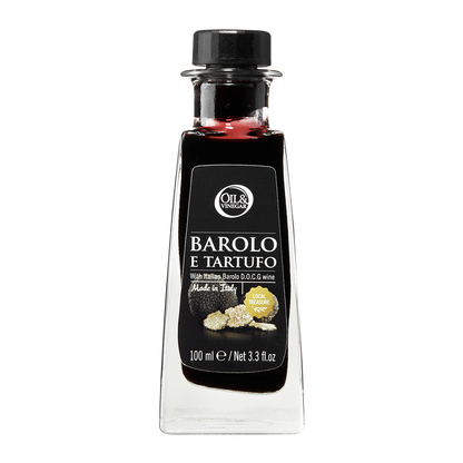 A bottle of Barolo e Tartufo vinegar with a label showing the brand, product name, and an image of truffles.