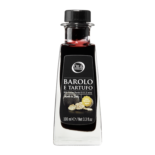 A bottle of Barolo e Tartufo vinegar with a label showing the brand, product name, and an image of truffles.