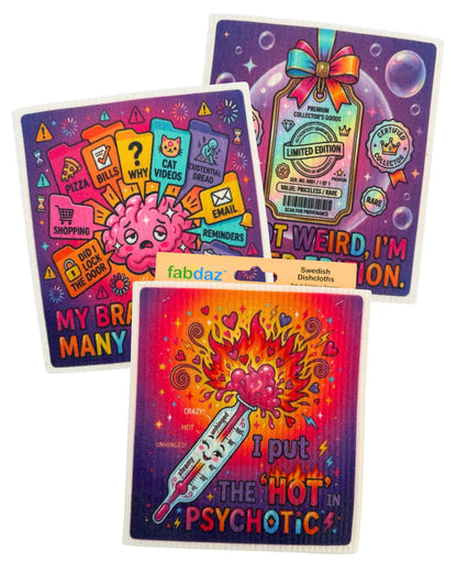 Beautiful Mind Fun Crazy Sayings - Set of 3 - Swedish Dishcloths - Wholesale