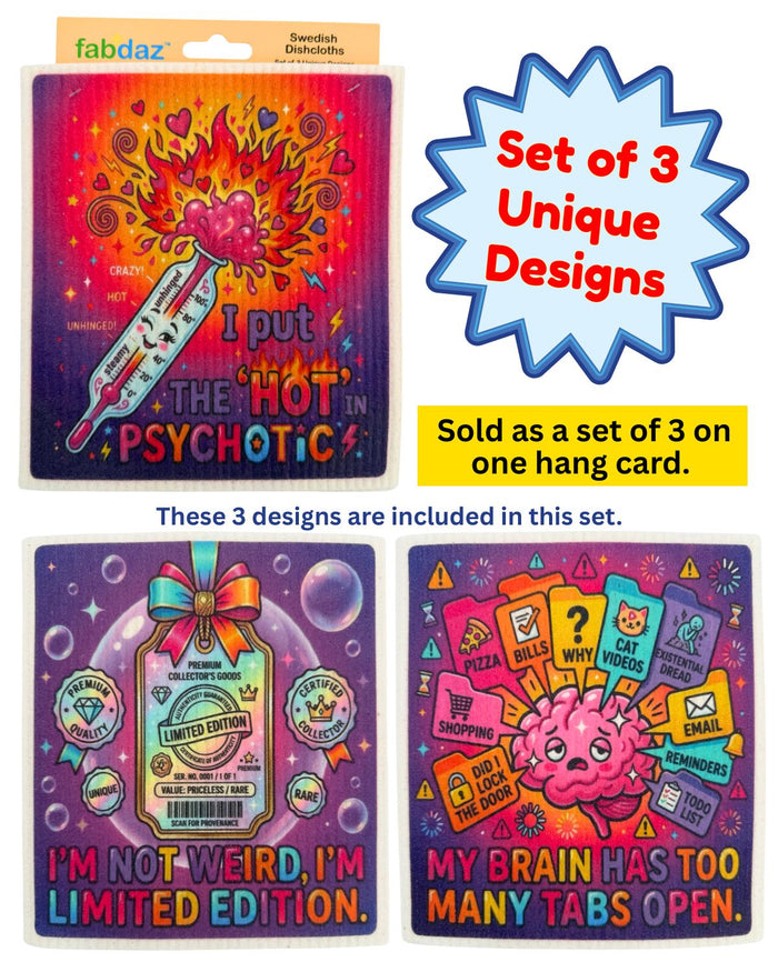 Beautiful Mind Fun Crazy Sayings - Set of 3 - Swedish Dishcloths - Wholesale