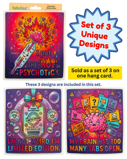 Beautiful Mind Fun Crazy Sayings - Set of 3 - Swedish Dishcloths - Wholesale