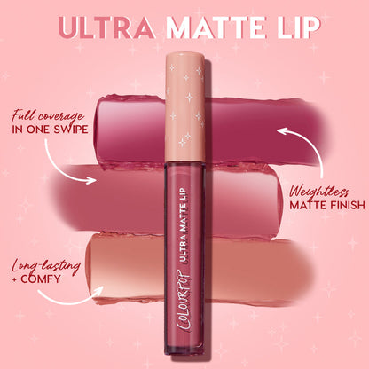 ColourPop Beeper Ultra Matte Lip liquid lipstick in a clear tube with a peach cap and star accents stands over three mauve-to-nude swatches, showcasing full-coverage, weightless matte finish and long-lasting comfort on a pink backdrop.