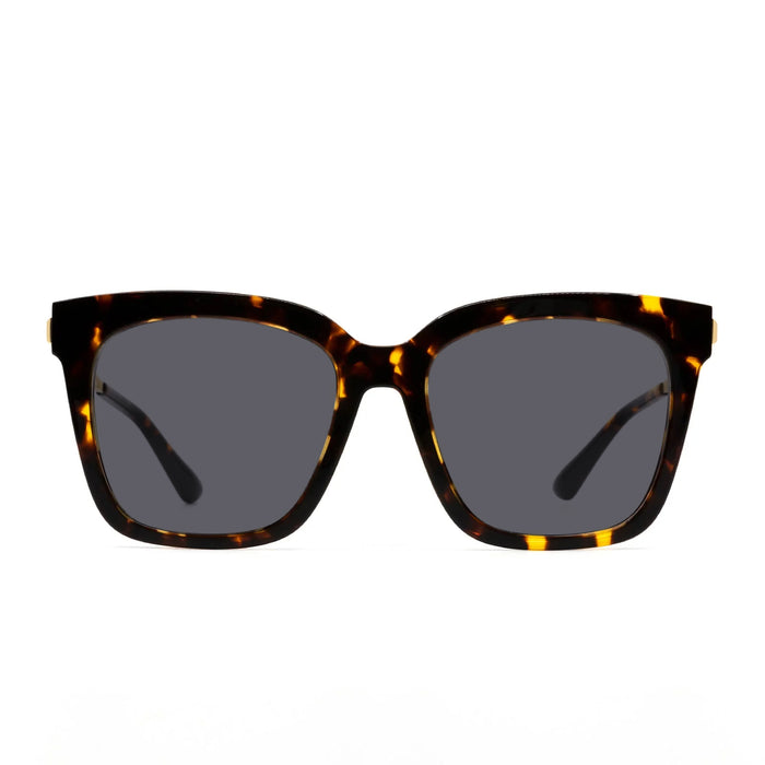 diff eyewear bella square prescription sunglasses with a tortoise frame and grey lenses front view