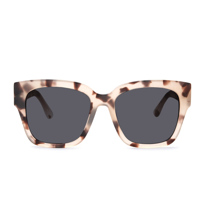 diff eyewear bella ii square prescription sunglasses with a cream tortoise frame and grey prescription lenses front view