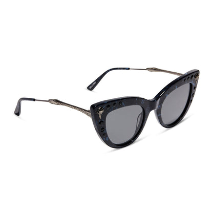 harry potter x diff eyewear bellatrix cat eye sunglasses with a geo black frame and solid grey lenses angled view
