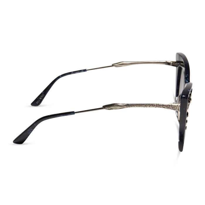 harry potter x diff eyewear bellatrix cat eye sunglasses with a geo black frame and solid grey lenses side view