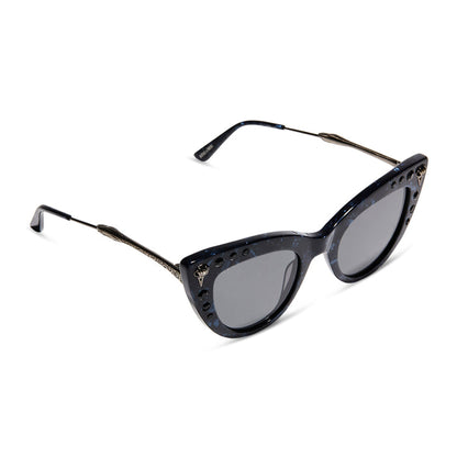 harry potter x diff eyewear bellatrix cat eye sunglasses with a geo black frame and solid grey lenses detailed view