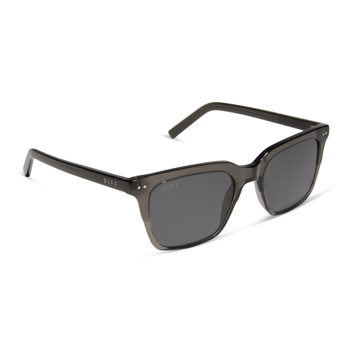 diff eyewear featuring the billie square sunglasses with a black smoke crystal frame and grey polarized lenses angled view
