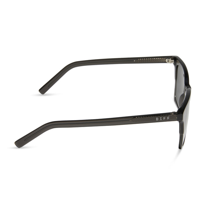 diff eyewear featuring the billie square sunglasses with a black smoke crystal frame and grey polarized lenses side view