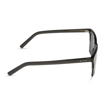 diff eyewear featuring the billie square sunglasses with a black smoke crystal frame and grey polarized lenses side view