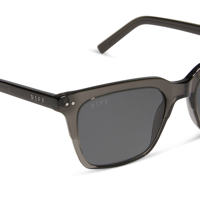 diff eyewear featuring the billie square sunglasses with a black smoke crystal frame and grey polarized lenses detailed view