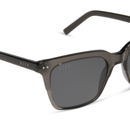 diff eyewear featuring the billie square sunglasses with a black smoke crystal frame and grey polarized lenses detailed view