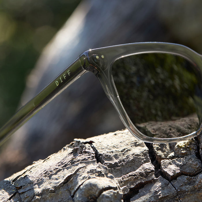 diff eyewear featuring the billie square sunglasses with a black smoke crystal frame and grey polarized lenses detailed outdoor view