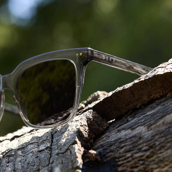 diff eyewear featuring the billie square sunglasses with a black smoke crystal frame and grey polarized lenses detailed outdoor view