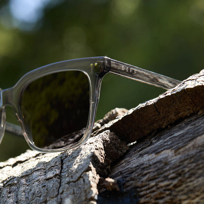 diff eyewear featuring the billie square sunglasses with a black smoke crystal frame and grey polarized lenses detailed outdoor view