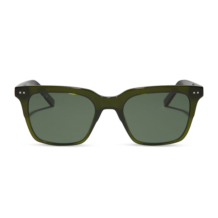 diff eyewear featuring the billie square sunglasses with a dark olive green crystal frame and g15 polarized lenses front view