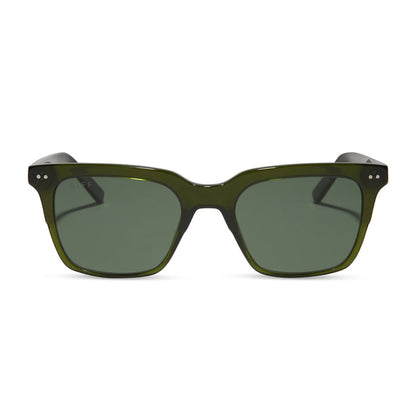 diff eyewear featuring the billie square sunglasses with a dark olive green crystal frame and g15 polarized lenses front view