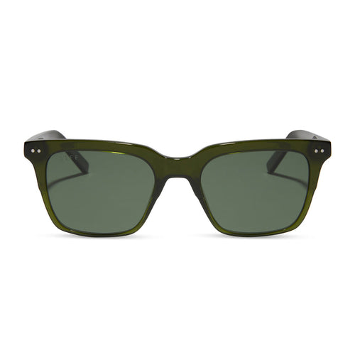 diff eyewear featuring the billie square sunglasses with a dark olive green crystal frame and g15 polarized lenses front view