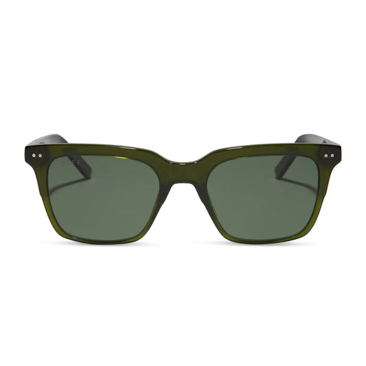 diff eyewear featuring the billie square sunglasses with a dark olive green crystal frame and g15 polarized lenses front view