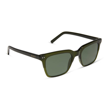 diff eyewear featuring the billie square sunglasses with a dark olive green crystal frame and g15 polarized lenses angled view